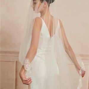 Cathedral length Lace Edge Drop Veil with Blusher - Light Ivory